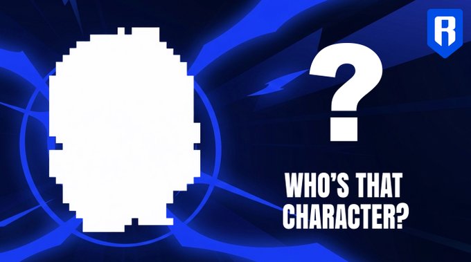 A pixelated white silhouette of a character is set against a blue background with a large question mark and the text "WHO'S THAT CHARACTER?" alongside an "R" logo in the top right corner, prompting viewers to guess the identity.