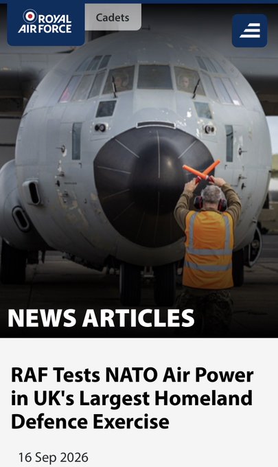 The image features a Royal Air Force website screenshot showing a news article titled "RAF Tests NATO Air Power in UK's Largest Homeland Defence Exercise" dated 16 Sep 2026, with a photo of a ground crew member in an orange safety vest signaling in front of a large military transport aircraft.

The image appears unrelated to the accompanying post about Bitcoin and wartime asset evacuation, as it shows British military aviation rather than any cryptocurrency or financial content. However, it could loosely connect to the post's theme of wartime preparedness, illustrating UK military readiness through a homeland defense exercise.