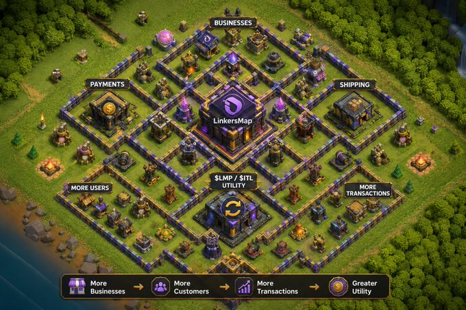A Clash of Clans-style base layout image branded as 'LinkersMap' showing labeled sections: BUSINESSES, PAYMENTS, SHIPPING, MORE USERS, $LMP/SITL UTILITY, and MORE TRANSACTIONS.