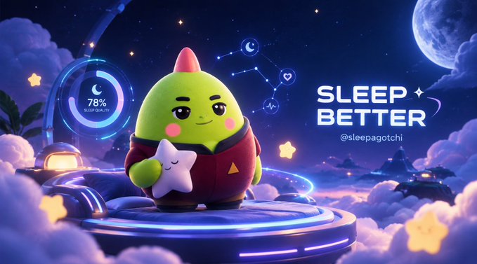 An illustrated green character holding a star stands on a platform in a night sky setting, with text reading 'SLEEP BETTER @sleepagotchi' and a '78% SLEEP QUALITY' indicator.