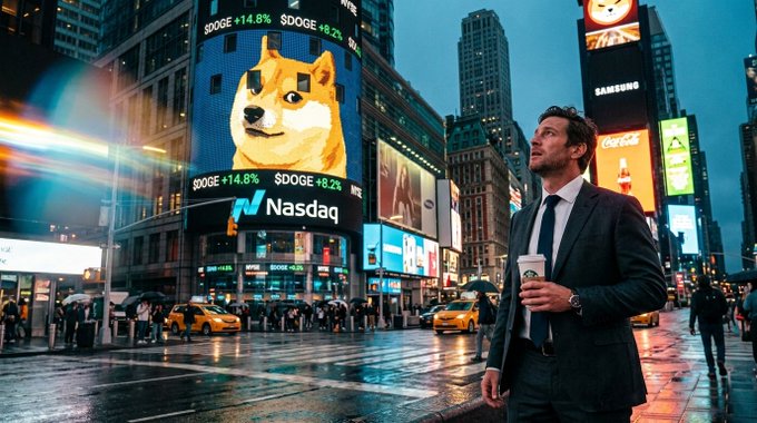 An AI-generated scene of a businessman holding a Starbucks coffee in a city resembling Times Square, where a large Nasdaq billboard displays a Shiba Inu dog with the ticker $DOGE showing +14.8% gains.