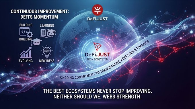 A second 'DeFi.JUST' TRON ecosystem promotional banner titled 'CONTINUOUS IMPROVEMENT: DEFI'S MOMENTUM' features icons for Building, Learning, Evolving, and New Ideas, with a glowing globe and network visuals and text stating 'ONGOING COMMITMENT TO TRANSPARENT, ACCESSIBLE FINANCE' and 'THE BEST ECOSYSTEMS NEVER STOP IMPROVING. NEITHER SHOULD WE. WEB3 STRENGTH.'
