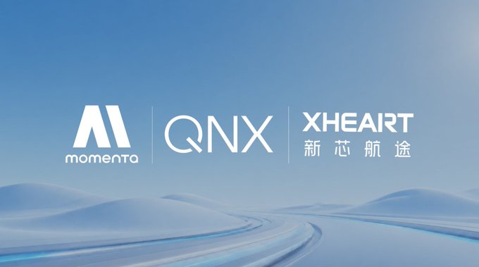A promotional graphic displays three company logos—"Momenta," "QNX," and "XHEART 新芯航途"—against a blue sky background above a stylized road, suggesting a partnership in the autonomous driving or automotive technology space. The image relates to BlackBerry ($BB) through its QNX subsidiary, which is highlighted as a key collaborator in this Chinese autonomous driving venture, potentially significant for $BB investors.