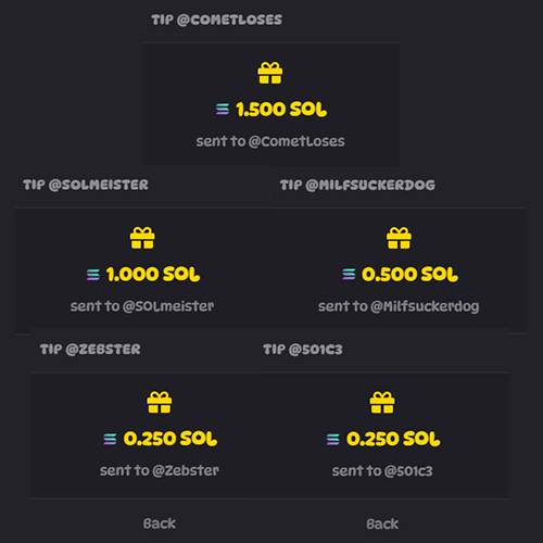 A dark-themed tip screen showing cryptocurrency (SOL) tips sent to various Twitter handles including @CometLoses (1.500 SOL), @SOLmeister (1.000 SOL), @Milfsuckerdog (0.500 SOL), @Zebster (0.250 SOL), and @501c3 (0.250 SOL).