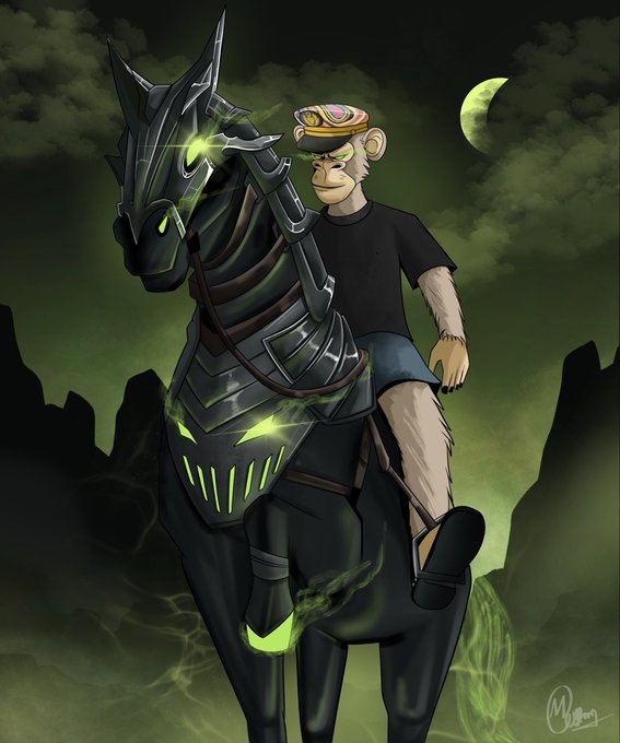 A digital illustration of an anthropomorphic monkey character in a black t-shirt, blue shorts, and sunglasses riding a black armored, skeletal horse with glowing green eyes and accents, set against a dark cloudy sky with a crescent moon.