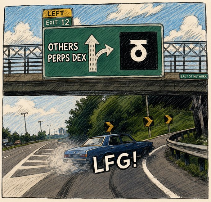 A cartoon by East St Network shows a car peeling out on a highway ramp toward "OTHERS PERPS DEX" with a left exit, captioned "LFG!".