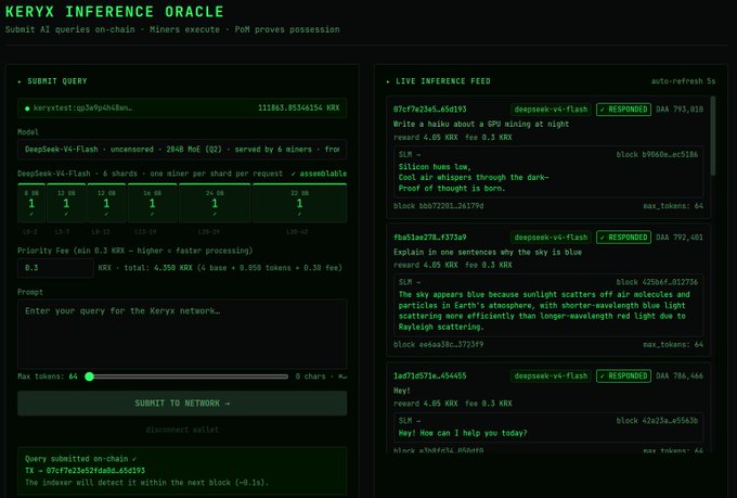 A dark-themed web interface for "KERYX INFERENCE ORACLE" showing a submitted query on the Deepseek-V4-Flash model and a live inference feed with responses including poetry and a scientific explanation of the sky's blue color.