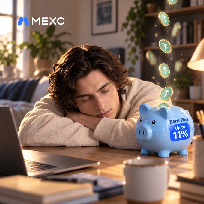 A man rests his head on a desk beside a blue piggy bank labeled "Earn Plus" and "Up to 11%," with USDT coins floating above it, illustrating MEXC's passive crypto staking campaign. The MEXC logo appears in the top left, tying the sleepy, effortless scene to the message of earning interest while idle.