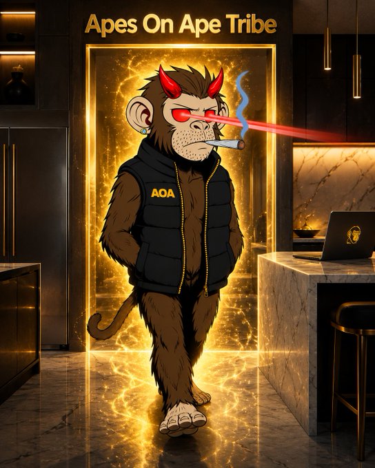 An illustrated monkey character with red glowing eyes, horns, and a cigarette stands in a modern kitchen doorway, wearing a black puffer vest labeled 'AOA' beneath the text 'Apes On Ape Tribe'.