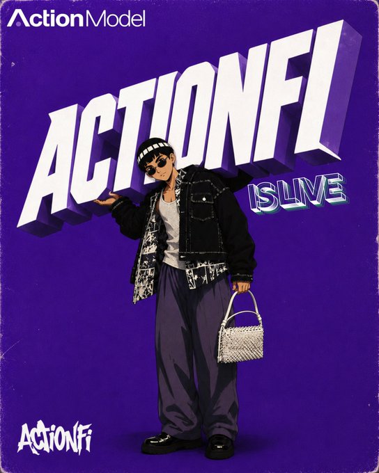 A vibrant purple promotional poster for 'ActionFi' featuring an anime-style character wearing a dark jacket, sunglasses, and baggy pants, holding a textured handbag, with the text 'IS LIVE' displayed.
