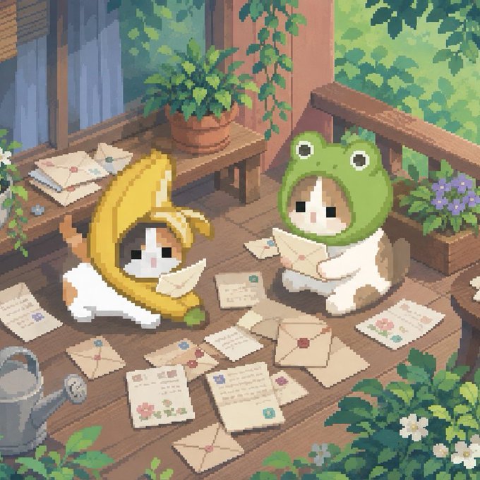 A pixel art illustration showing two cats dressed in banana and frog hoodies reading letters on a wooden deck surrounded by potted plants and flowers.