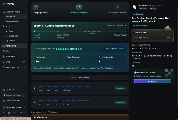 A screenshot of the Kaito platform shows a 'Kaito Studio' campaign for Axis Robotics featuring 'Axis Content Creator Program: The Katalyst for Physical AI' during Epoch 1, displaying 39 total clicks and submitted content links.