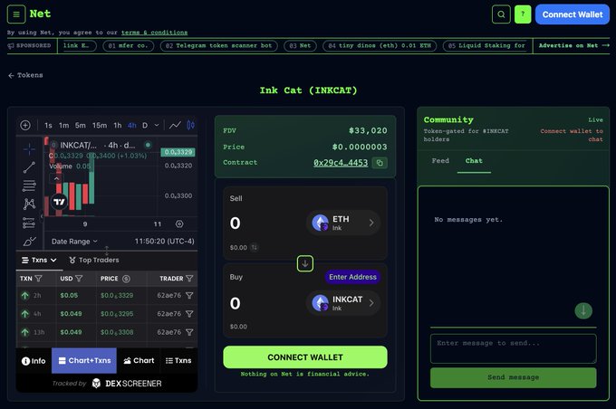 A screenshot of the InKat (INKCAT) token trading page on the Net protocol, showing an FDV of $33,020 and a price of $0.00000003.