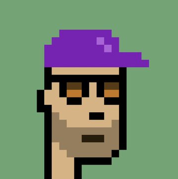 A pixel art style portrait of a character with a beard, brown eyes, and a purple baseball cap against a green background.