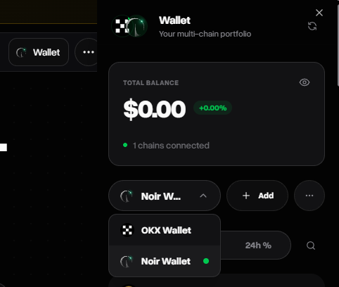 The image shows a wallet interface displaying a "TOTAL BALANCE" of $0.00 (+0.00%) with 1 chain connected, where the user has opened a dropdown menu to select between "OKX Wallet" and "Noir Wallet." This relates to the post's instructions for connecting both an EVM and Noir wallet on leodex.io to swap and purchase ZEC.
