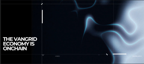 A digital graphic with dark, flowing blue textures and text reading 'THE VANGRID ECONOMY IS ONCHAIN'.