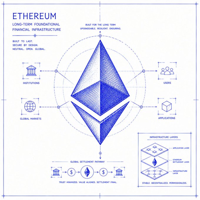 The image features a blue illustration of an Etherium cryptocurrency token design with various symbols representing different aspects of the token's infrastructure. The tokens are built for long-term financial infrastructure, which means they have been designed to withstand market fluctuations and maintain their value over time. This is important because Ethereum has become embedded into digital global finance, making it a valuable asset that can be relied upon in the long run.
