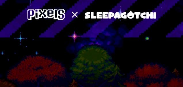 A pixel-art style collaboration banner reading 'PIXELS × SLEEPAGOTCHI' set against a dark night sky with trees and stars.
