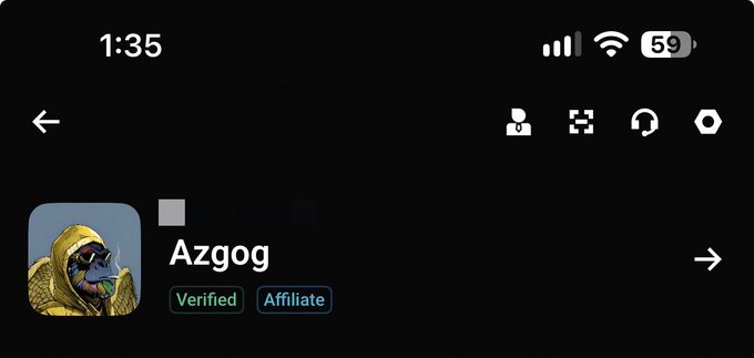 A mobile app profile screen showing a user named 'Azgog' with 'Verified' and 'Affiliate' badges, featuring a profile picture of a yellow-armored character with sunglasses, with a 59% battery and 1:35 timestamp.