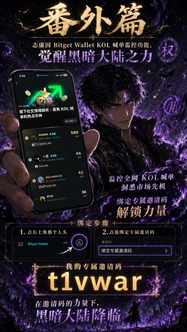 A promotional mobile advertisement features a dark, fantasy-themed graphic with Chinese text and an illustration of a purple-eyed male character. The ad promotes Bitget Wallet's KOL monitor and trending token tool, displaying a leaderboard of top KOL accounts with percentages (24.51%, 4.65%, 4.52%, 3.58%) and showing the referral code "t1vwar" as a special invitation code to unlock the power of the "Dark Continent."

The image appears to be part of a marketing campaign, using gothic anime aesthetics and mysterious mythology themes ("Awaken the Power of the Dark Continent") to promote Bitget Wallet's features, complementing the poetic post about unseen roots and shadows.