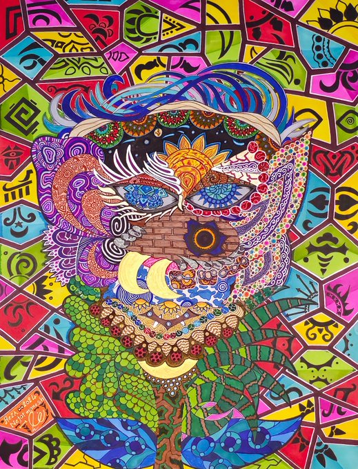 A vibrantly colored, psychedelic portrait of a figure with wild flowing hair, intricate eye designs, and ornate patterns against a mosaic-like background of colorful tiles. The artwork visually echoes the post's theme of inner mystery and divine essence, with its mystical, almost spiritual symbolism suggesting a deep connection to a higher creator.

Visible text in the lower left reads "LOVE" and "WE ARE ALL ONE," reinforcing the spiritual message of unity with the divine referenced in the caption.