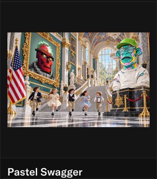 An art piece titled 'Pastel Swagger' depicting ballerinas in an ornate palace gallery with surreal, glitch-style portraits hanging on the walls.
