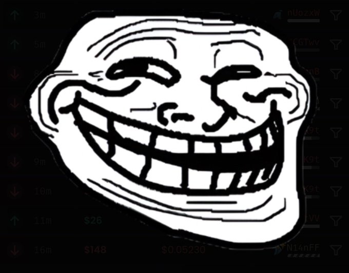 A black and white image of the classic 'Trollface' meme with a wide, toothy grin, overlaid on a background showing cryptocurrency trading data with numbers like '$26' and '$148'.