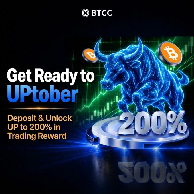 A BTCC cryptocurrency exchange promotional banner featuring a blue digital bull with Bitcoin coins, advertising 'Get Ready to UPtober' with 'Deposit & Unlock UP to 200% in Trading Reward'.