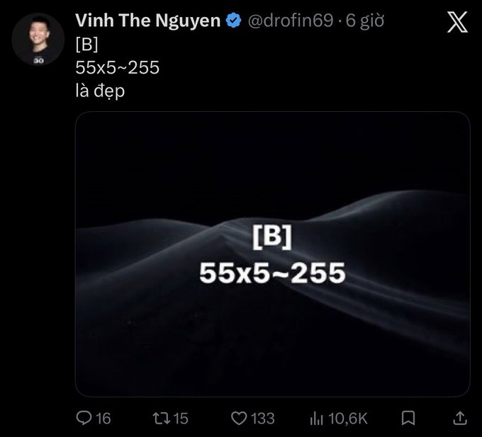 A tweet from Vinh The Nguyen (@drofin69) showing a dark, smoky image with the text "[B] 55x5~255 là đẹp" (meaning "[B] 55x5~255 is beautiful"), apparently promoting "$B" as a new crypto ticker or trend with 10.6K views.