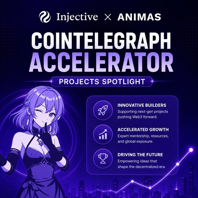 A promotional graphic for the "Injective x ANIMAS Cointelegraph Accelerator Projects Spotlight," featuring an anime-style purple-haired character in a black outfit alongside text highlighting "Innovative Builders," "Accelerated Growth," and "Driving the Future" for next-gen Web3 projects. The image ties to the post's theme by showcasing how AI-driven crypto projects are entering a new era of autonomous capabilities and innovation, supported through initiatives like this accelerator program.