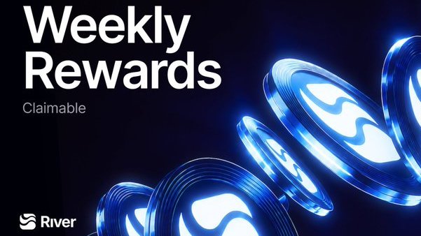 A promotional graphic displays "Weekly Rewards" in large white text with "Claimable" below it, alongside "River" logo, featuring glowing blue coin-like objects on a dark background.