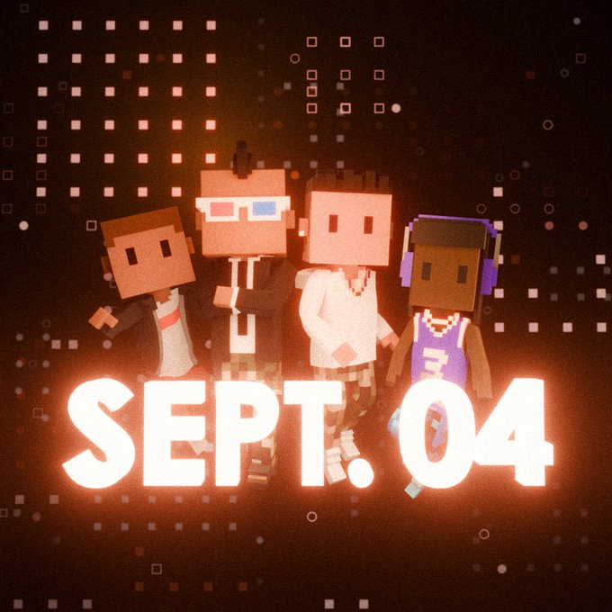 Pixel-art style characters with blocky heads stand together against a dark, glowing pixelated background with the large date 'SEPT. 04' displayed prominently in front of them.