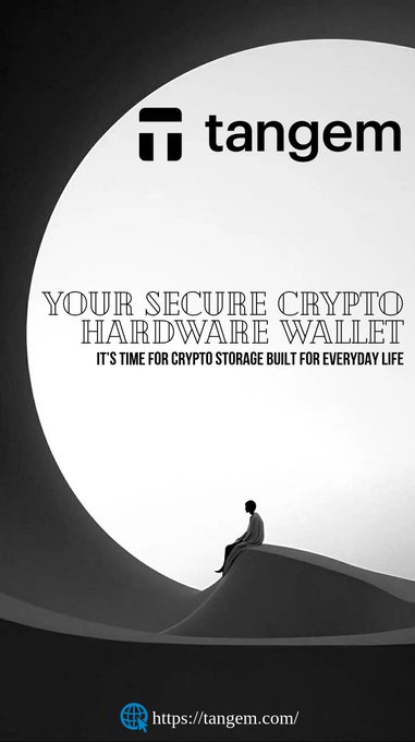 The image is a sleek black-and-white Tangem advertisement featuring a silhouetted figure sitting on a curved hill beneath a bright circular backdrop, with the text "Tangem – Your Secure Crypto Hardware Wallet" and the tagline "It's time for crypto storage built for everyday life," along with the URL https://tangem.com/. The minimalist design visually reinforces the post's message about simple, secure self-custody, echoing Tangem's promise of effortless, bank-grade crypto security through a tap-to-use hardware wallet.