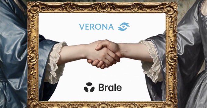 An ornate gold-framed graphic showing two arms in vintage blue sleeves performing a handshake, with the logos for 'VERONA' and 'Brdale' overlaid on the white center.