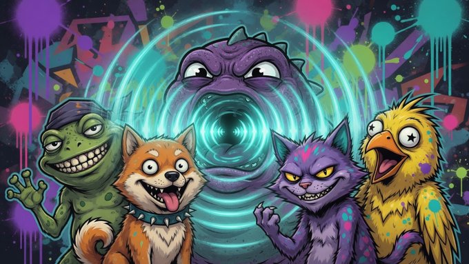 A colorful, chaotic digital illustration features a group of cartoonish, grinning creatures—including a frog, dog, dinosaur, and bird—standing in front of a glowing blue vortex and a large purple monster face, all set against a graffiti-style background with paint splatters.
