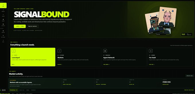 A dark-themed website dashboard for 'SIGNALBOUND', described as 'The first onchain AI/RWA marketplace' by Maxwell Lower, featuring sections for Launchpad, Markets, Agent Network, and Fan Vault.