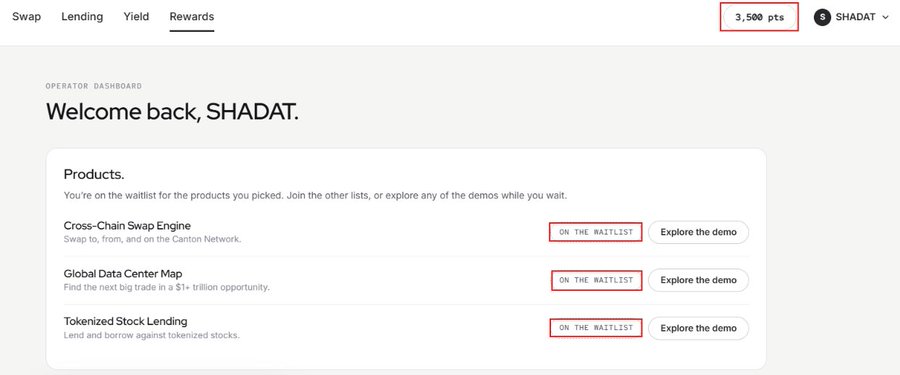A screenshot of the Interstice operator dashboard shows user "SHADAT" with 3,500 points, featuring three waitlisted products (Cross-Chain Swap Engine, Global Data Center Map, and Tokenized Stock Lending) each marked "ON THE WAITLIST" with options to explore demos, illustrating the early access points-earning opportunity highlighted in the post.