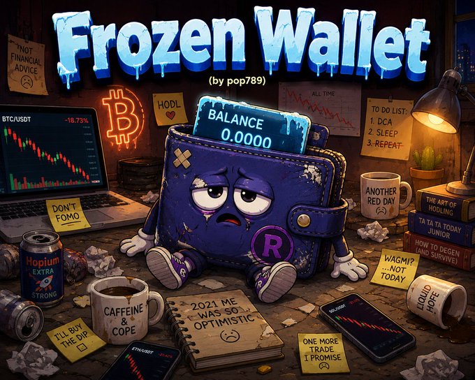 A cartoon-style crypto meme titled "Frozen Wallet" featuring a sad wallet with a 0.0000 balance, alongside items like a "Hopium Extra" can, coffee mugs, and sticky notes with phrases like "HODL" and "DON'T FOMO."