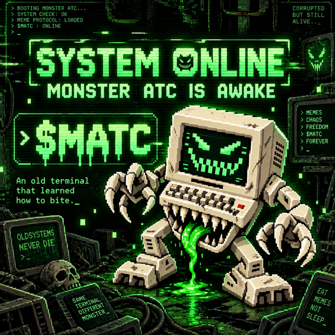 A pixel art image of a menacing computer terminal monster labeled "$MATC" with text reading "SYSTEM ONLINE - MONSTER ATC IS AWAKE" and "An old terminal that learned how to bite," surrounded by messages like "CORRUPTED BUT STILL ALIVE," "MEMES, CHAOS, FREEDOM, $MATC, FOREVER," and "OLDSYSTEMS NEVER DIE."