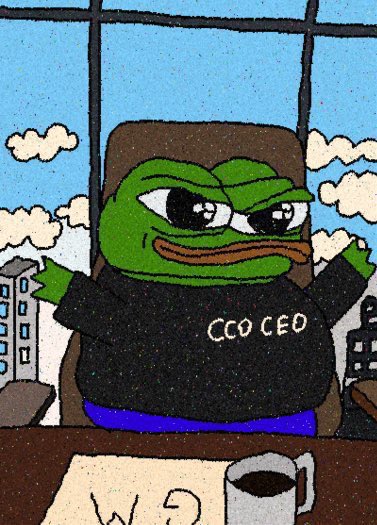 A cartoon drawing of a sad-looking Pepe the Frog wearing a black shirt labeled 'CCO CED' sitting at a desk with a coffee mug.