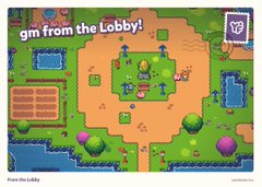 A pixel-art style digital illustration showing a green landscape with characters, titled 'gm from the Lobby!' by cartool.ton in the top left corner.