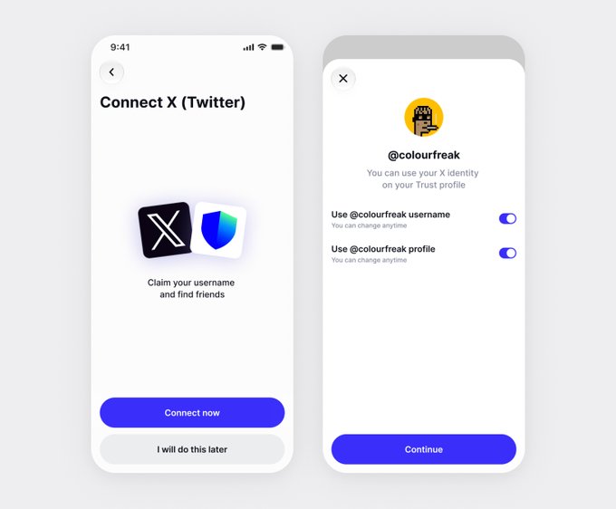 Two mobile app screens mockups show a "Connect X (Twitter)" feature, with the first inviting users to "Claim your username and find friends" and the second displaying a linked account @colourfreak with toggles to use the X username and profile, both branded with a "coming soon." label.