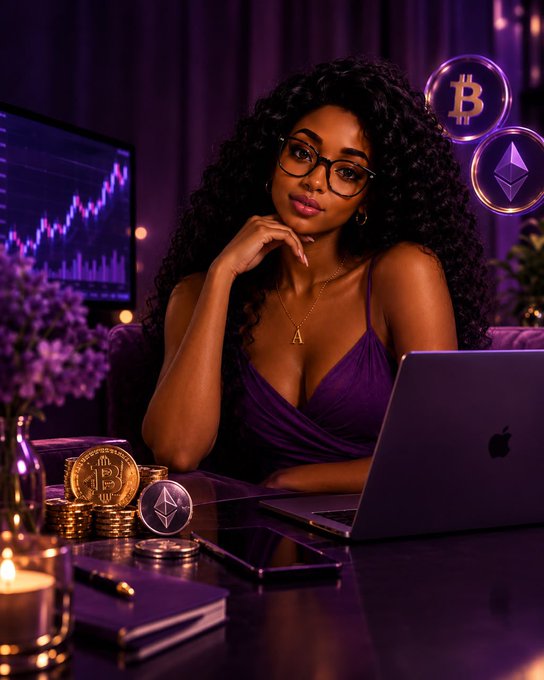A stylized image of a woman with glasses and curly hair sitting at a desk with an Apple laptop, surrounded by Bitcoin and Ethereum coins, with cryptocurrency price charts displayed in the purple-lit background.