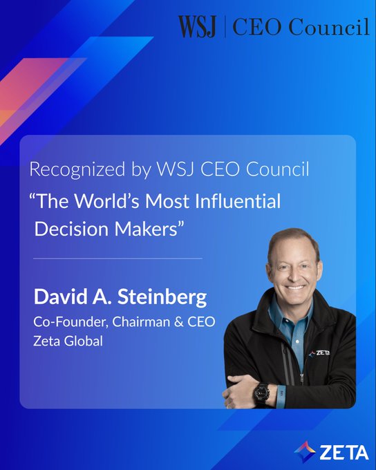 The image is a WSJ CEO Council recognition graphic honoring David A. Steinberg, Co-Founder, Chairman & CEO of Zeta Global, as one of "The World's Most Influential Decision Makers," featuring his photo alongside the ZETA branding—aligning with the post celebrating his well-deserved recognition.