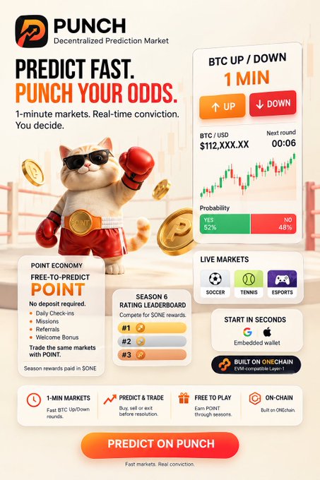 A promotional advertisement for 'PUNCH', a Decentralized Prediction Market, featuring a cartoon cat in boxing gear with text like 'PREDICT FAST. PUNCH YOUR ODDS.' and showing a 'BTC UP / DOWN 1 MIN' market at $112,XXX.XX.