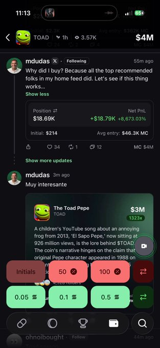 A mobile app interface displays a social feed post about a crypto position in 'TOAD' by user 'mdudas', showing a +8,673.03% profit, with an input keyboard visible at the bottom.
