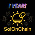 The image features a black background with a yellow sunburst logo that reads "SOLONCHAIN" above it. Below the sunburst logo, there's text that says "1 Year!", indicating an anniversary celebration for the SolOnChain platform. The text also mentions that the platform is hosting a special event on the 1st of January.