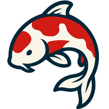 A simple cartoon illustration of a red and white koi fish leaping against a white background.