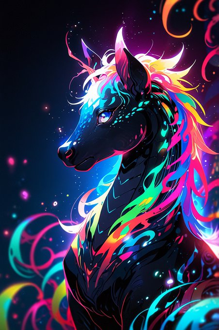 A vibrant, colorful digital illustration depicts a black unicorn with a glowing rainbow mane in shades of pink, blue, green, and yellow, set against a dark starry background.