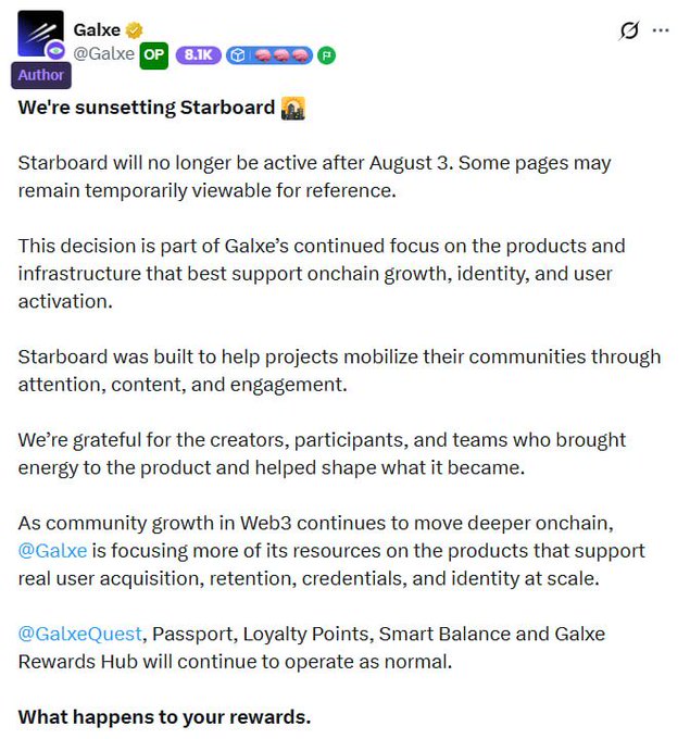 A Twitter/X post from Galxe (@Galxe) announcing the sunsetting of Starboard after August 3, citing a refocus on products supporting onchain growth, identity, and user activation.
